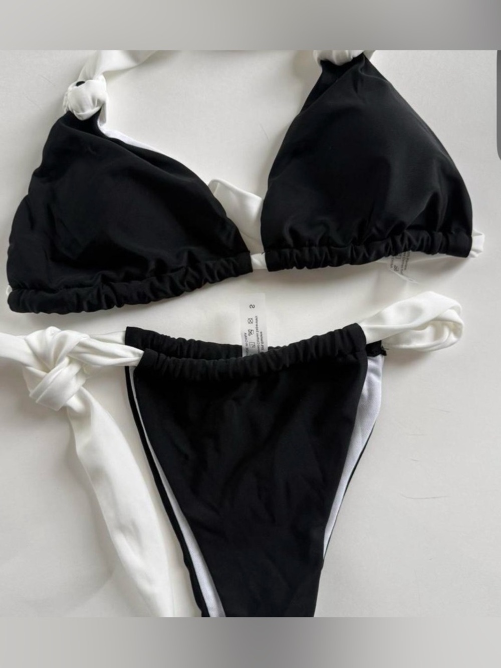 Black & White Tie-Side Triangle Bikini Set – Size S